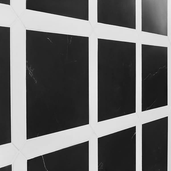 Prezzo Black Silk 12x12 Square and Glacier White 2x12 Picket Honed Marble Tile
