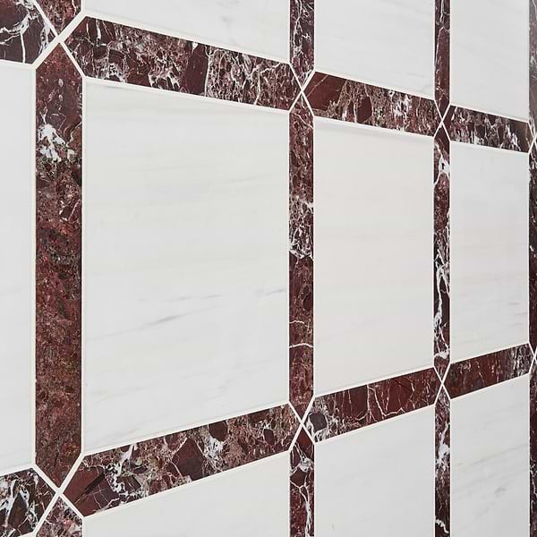 Prezzo Glacier White 12x12 Square and Rosso Levanto 2x12 Picket Honed Marble Tile