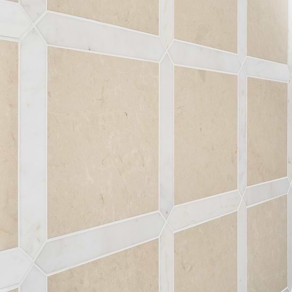 Prezzo Crema Ella 12x12 Square and Ayfon White 2x12 Picket Honed Marble Tile