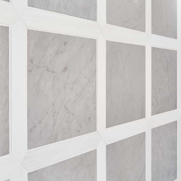 Prezzo Ice Gray 12x12 Square and Glacier White 2x12 Picket Honed Marble Tile