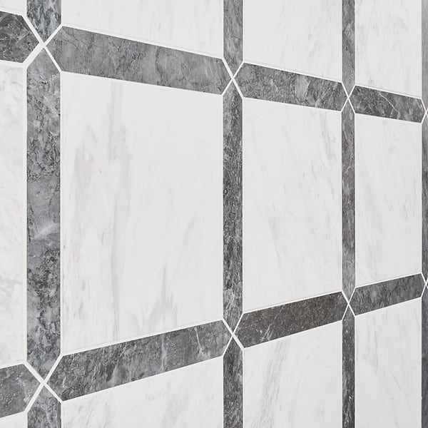 Prezzo Volakas 12x12 Square and Lovina Gray 2x12 Picket Honed Marble Tile