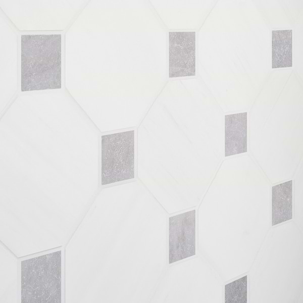 Alaris Glacier White 8" Octagon with Earth Gray Dot Tumbled Marble Tile
