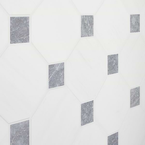 Alaris Glacier White 8" Octagon with Lovina Gray Dot Tumbled Marble Tile