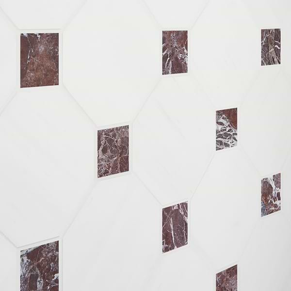 Alaris Glacier White 8" Octagon with Rosso Levanto Dot Tumbled Marble Tile