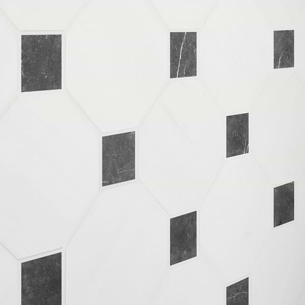 Alaris Glacier White 8" Octagon with Black Silk Dot Tumbled Marble Tile