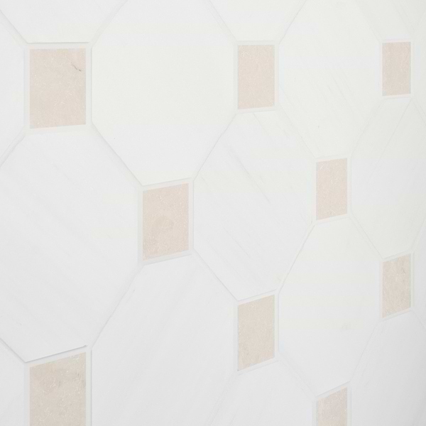 Alaris Glacier White 8" Octagon with Crema Ella Dot Tumbled Marble Tile