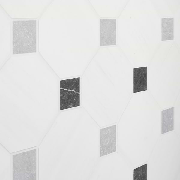 Alaris Glacier White 8" Octagon with Black Silk and Earth Gray Dot Tumbled Marble Tile