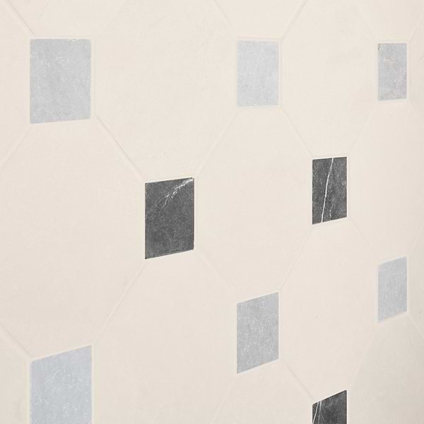 Alaris Simena 8" Octagon with Black Silk and Earth Gray Dot Tumbled Limestone and Marble Tile
