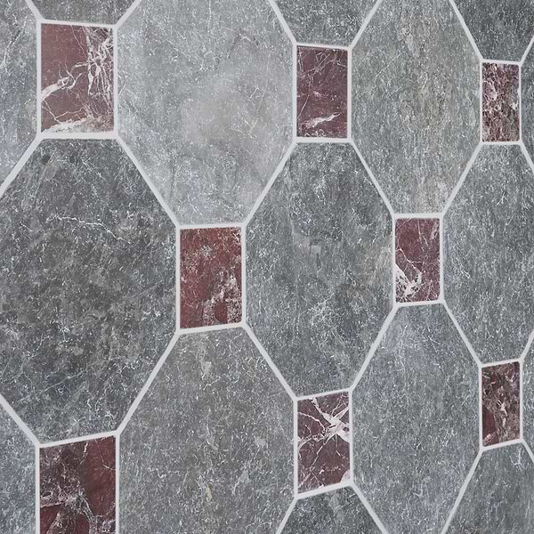 Alaris Lovina Gray 8" Octagon with Rosso Levanto Dot Tumbled Marble Tile