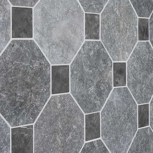 Alaris Lovina Gray 8" Octagon with Black Silk Dot Tumbled Marble Tile