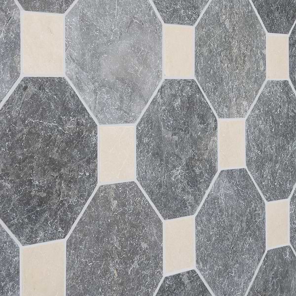 Alaris Lovina Gray 8" Octagon with Crema Ella Dot Tumbled Marble Tile