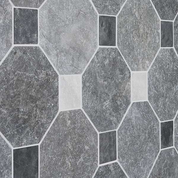 Alaris Lovina Gray 8" Octagon with Black Silk and Earth Gray Dot Tumbled Marble Tile