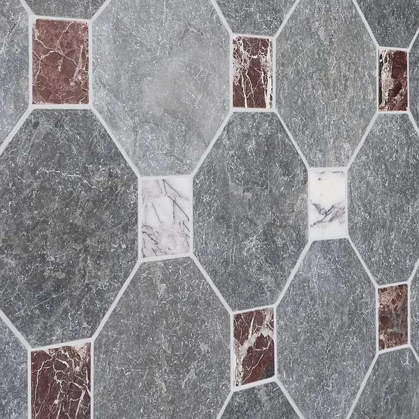 Alaris Lovina Gray 8" Octagon with Lilac and Rosso Levanto Dot Tumbled Marble Tile
