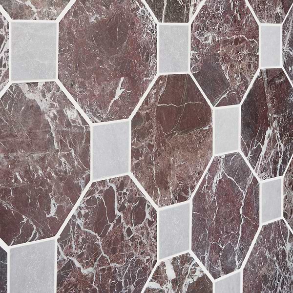 Alaris Rosso Levanto 8" Octagon with Earth Gray Dot Tumbled Marble Tile