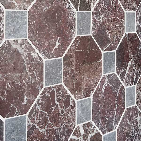 Alaris Rosso Levanto 8" Octagon with Lovina Gray Dot Tumbled Marble Tile