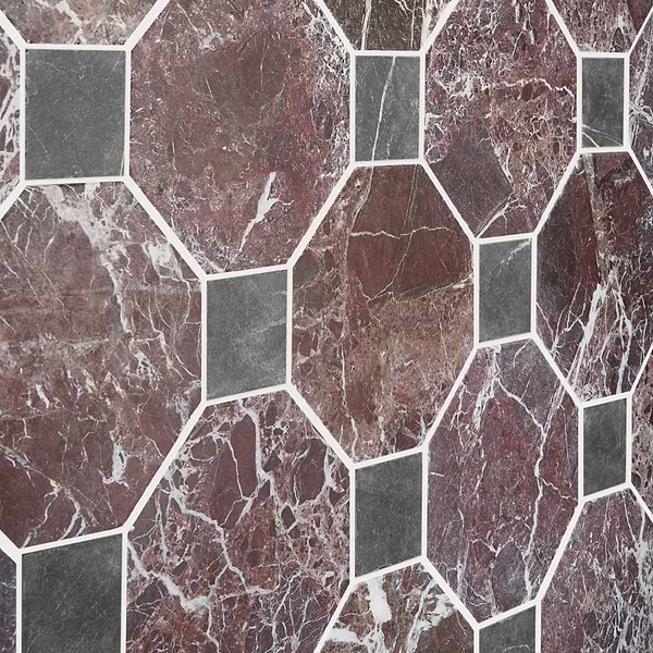 Alaris Rosso Levanto 8" Octagon with Black Silk Dot Tumbled Marble Tile