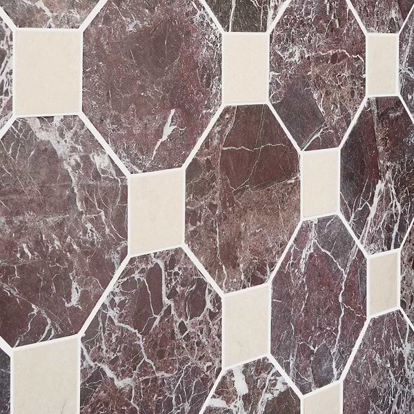 Alaris Rosso Levanto 8" Octagon with Crema Ella Dot Tumbled Marble Tile