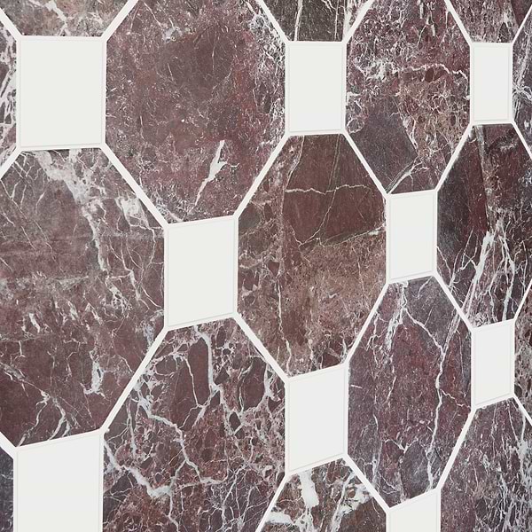 Alaris Rosso Levanto 8" Octagon with Glacier White Dot Tumbled Marble Tile