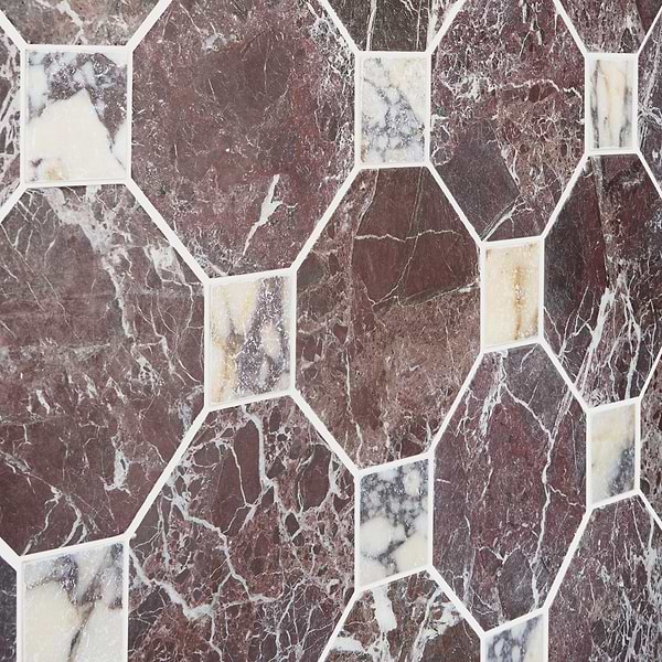 Alaris Rosso Levanto 8" Octagon with Calacatta Viola Dot Tumbled Marble Tile