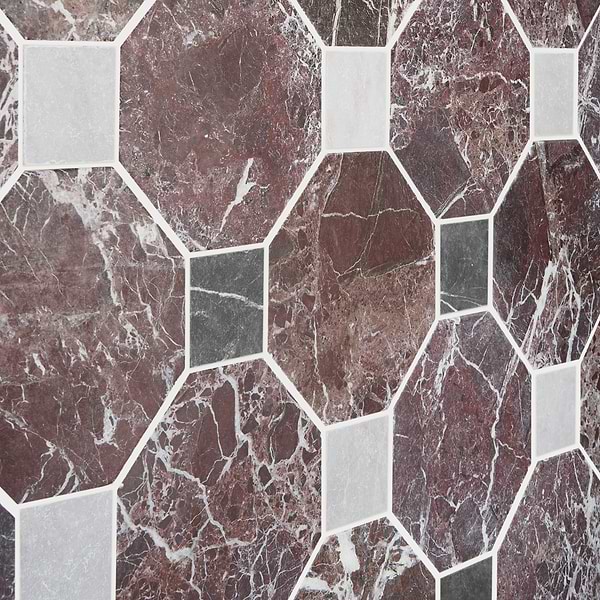 Alaris Rosso Levanto 8" Octagon with Black Silk and Earth Gray Dot Tumbled Marble Tile