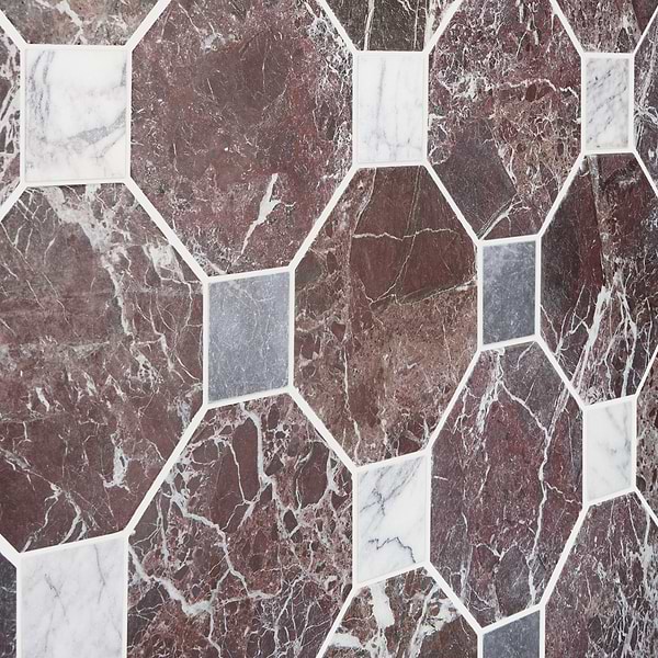 Alaris Rosso Levanto 8" Octagon with Lilac and Lovina Gray Dot Tumbled Marble Tile