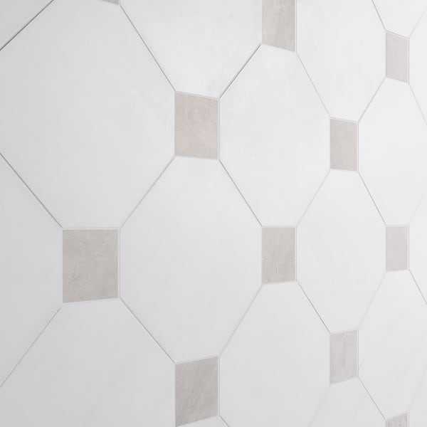 Alaris Glacier White 12" Octagon with Earth Gray Dot Honed Marble Tile