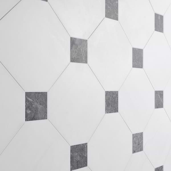 Alaris Glacier White 12" Octagon with Lovina Gray Dot Honed Marble Tile