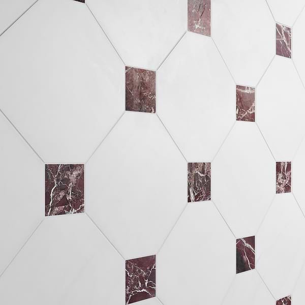 Alaris Glacier White 12" Octagon with Rosso Levanto Dot Honed Marble Tile