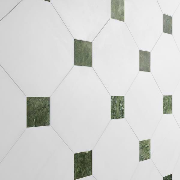 Alaris Glacier White 12" Octagon with Verde Dot Honed Marble Tile