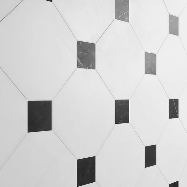 Alaris Glacier White 12" Octagon with Black Silk Dot Honed Marble Tile