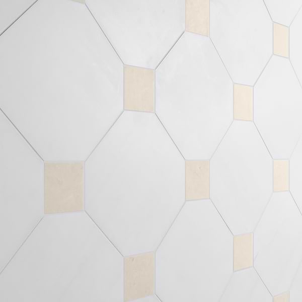 Alaris Glacier White 12" Octagon with Crema Ella Dot Honed Marble Tile