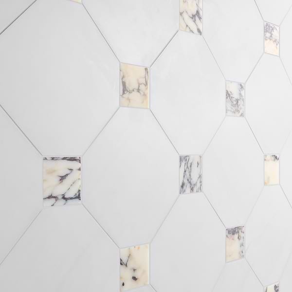 Alaris Glacier White 12" Octagon with Calacatta Viola Dot Honed Marble Tile