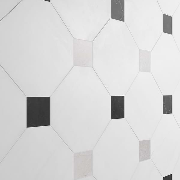 Alaris Glacier White 12" Octagon with Black Silk and Earth Gray Dot Honed Marble Tile