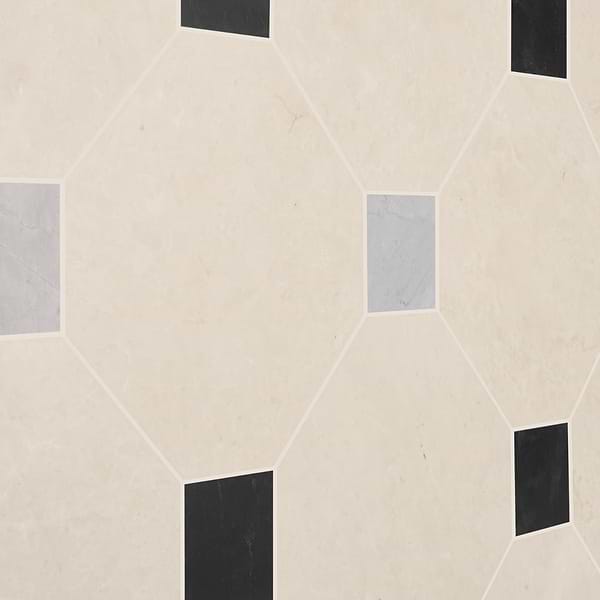 Alaris Crema Ella 12" Octagon with Black Silk and Earth Gray Dot Honed Marble Tile