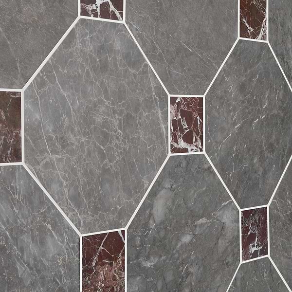 Alaris Lovina Gray 12" Octagon with Rosso Levanto Dot Honed Marble Tile