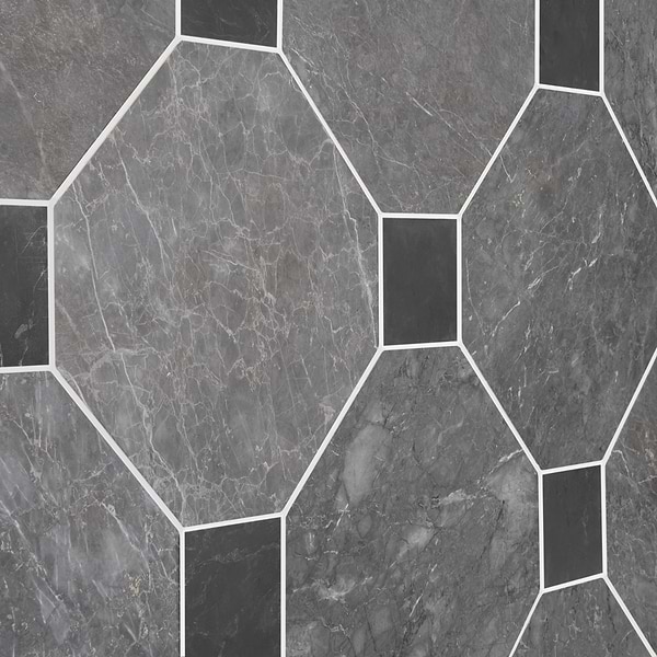 Alaris Lovina Gray 12" Octagon with Black Silk Dot Honed Marble Tile