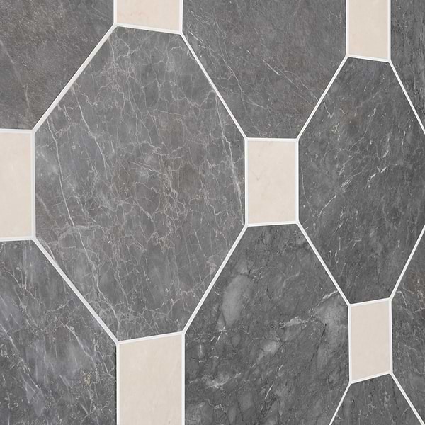 Alaris Lovina Gray 12" Octagon with Crema Ella Dot Honed Marble Tile
