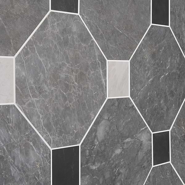Alaris Lovina Gray 12" Octagon with Black Silk and Earth Gray Dot Honed Marble Tile