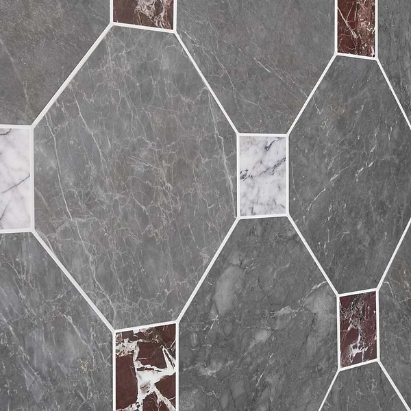 Alaris Lovina Gray 12" Octagon with Lilac and Rosso Levanto Dot Honed Marble Tile