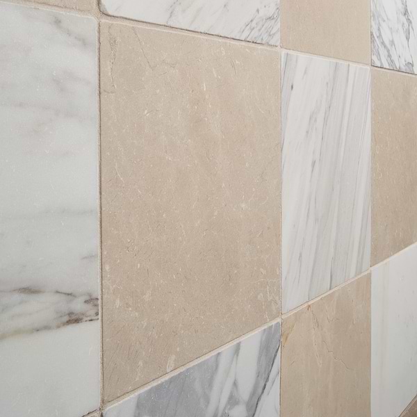 Avanti Calacatta Gold and Crema Marfil Beige 12x12 Tumbled Marble Checkerboard Tile