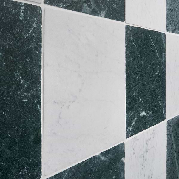 Avanti Verde Green and Bianco Carrara White 12x12 Tumbled Marble Checkerboard Tile