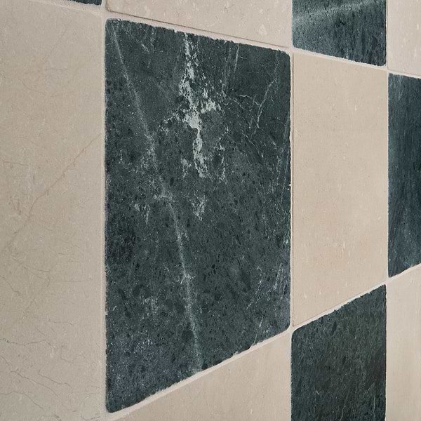 Avanti Verde Green and Crema Marfil Beige 12x12 Tumbled Marble Checkerboard Tile