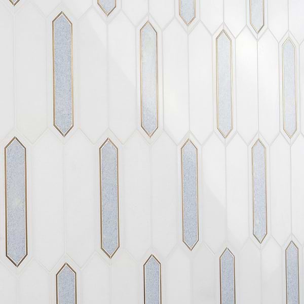 Zeus Blue Celeste 2x8 Picket Polished Marble and Brass Waterjet Mosaic Tile