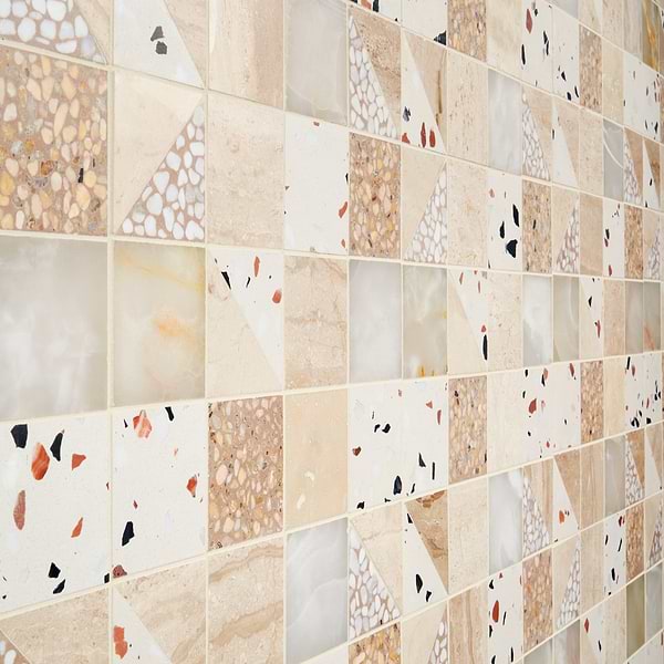 Elizabeth Sutton Artem Paloma Beige & Cream 3x3 Polished & Honed Marble and Terrazzo Mosaic Tile