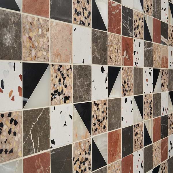 Elizabeth Sutton Artem Wren Terracotta & Gray 3x3 Polished & Honed Marble and Terrazzo Mosaic Tile