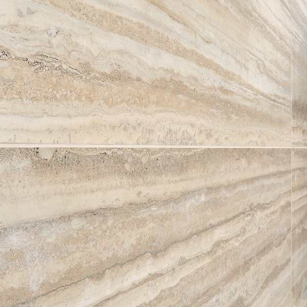 Romani Travertine Hazelnut Beige 3D Textured Veining 24x48 Stone Look Satin Porcelain Tile