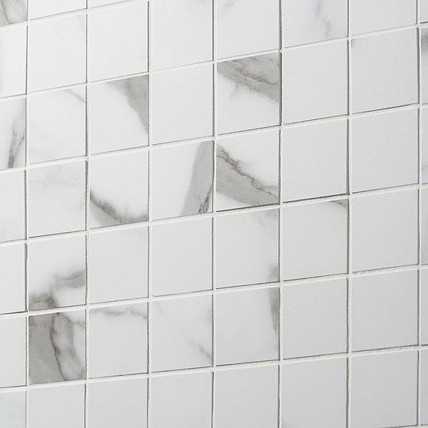 DreamStone Statuario Valley 2x2 Matte Porcelain Mosaic - Sample in White with Gray Brown Veining, View 6, open zoomed image