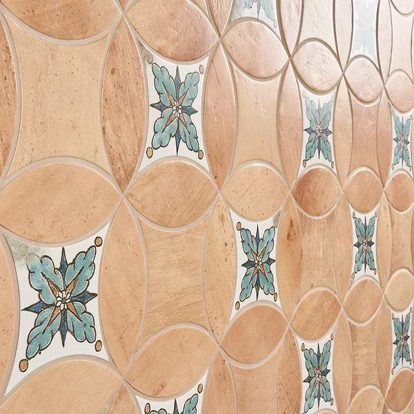 Raval Peach Terracotta 3x8 Petal and 6x6 Kite with Deco Amelia Multicolor Kite Matte Porcelain Tile