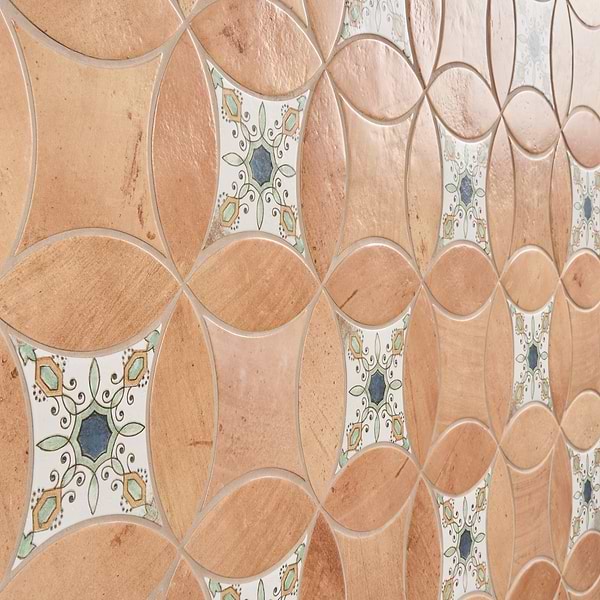 Raval Peach Terracotta 3x8 Petal and 6x6 Kite with Deco Carlota Multicolor Kite Matte Porcelain Tile
