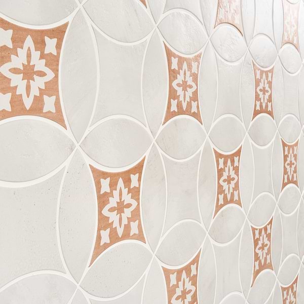 Raval White 3x8 Petal and 6x6 Kite with Deco Natalia Terracotta Kite Matte Porcelain Tile